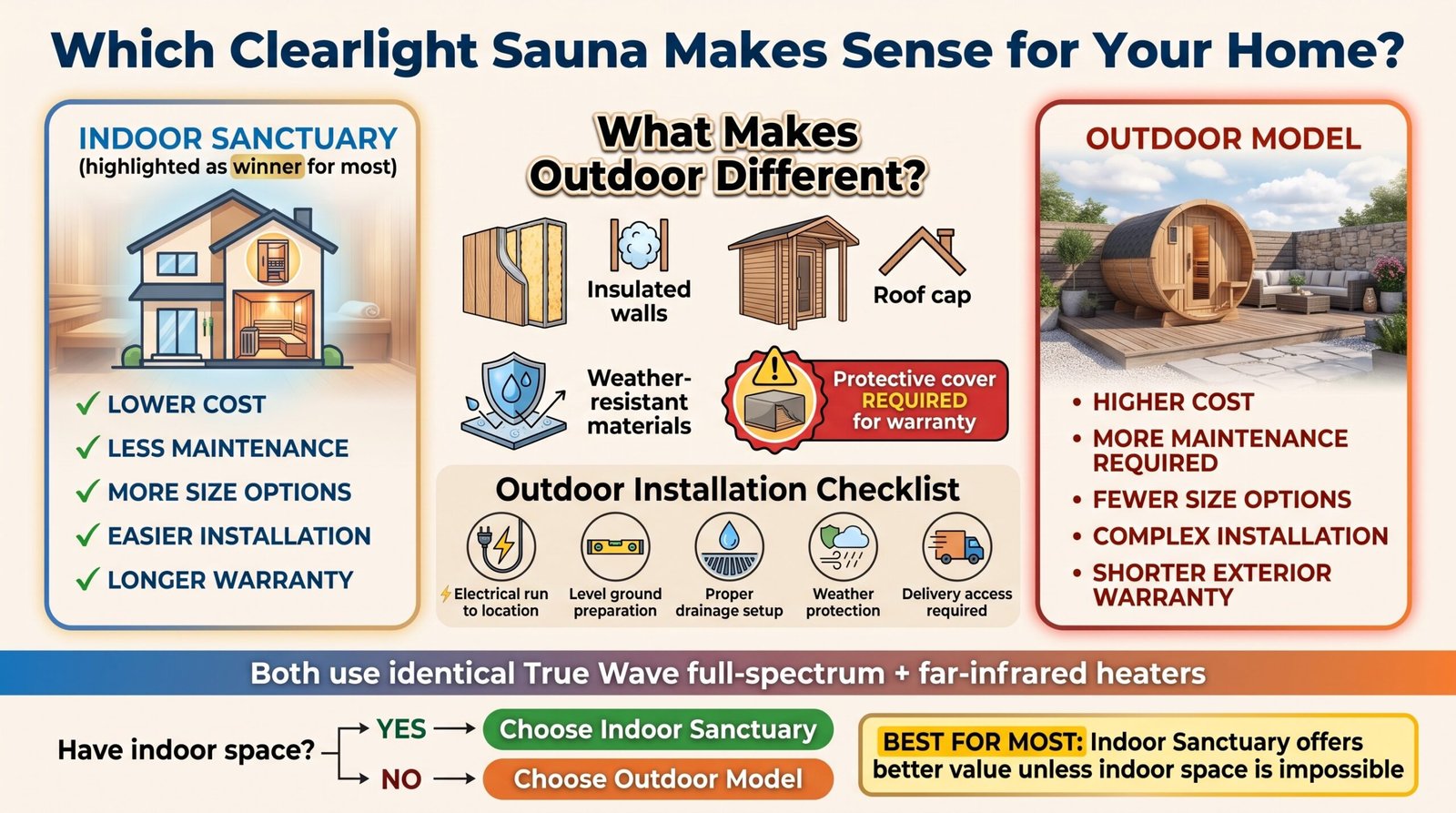 Clearlight Indoor vs Outdoor Sanctuary Infrared Saunas Compared (2026)